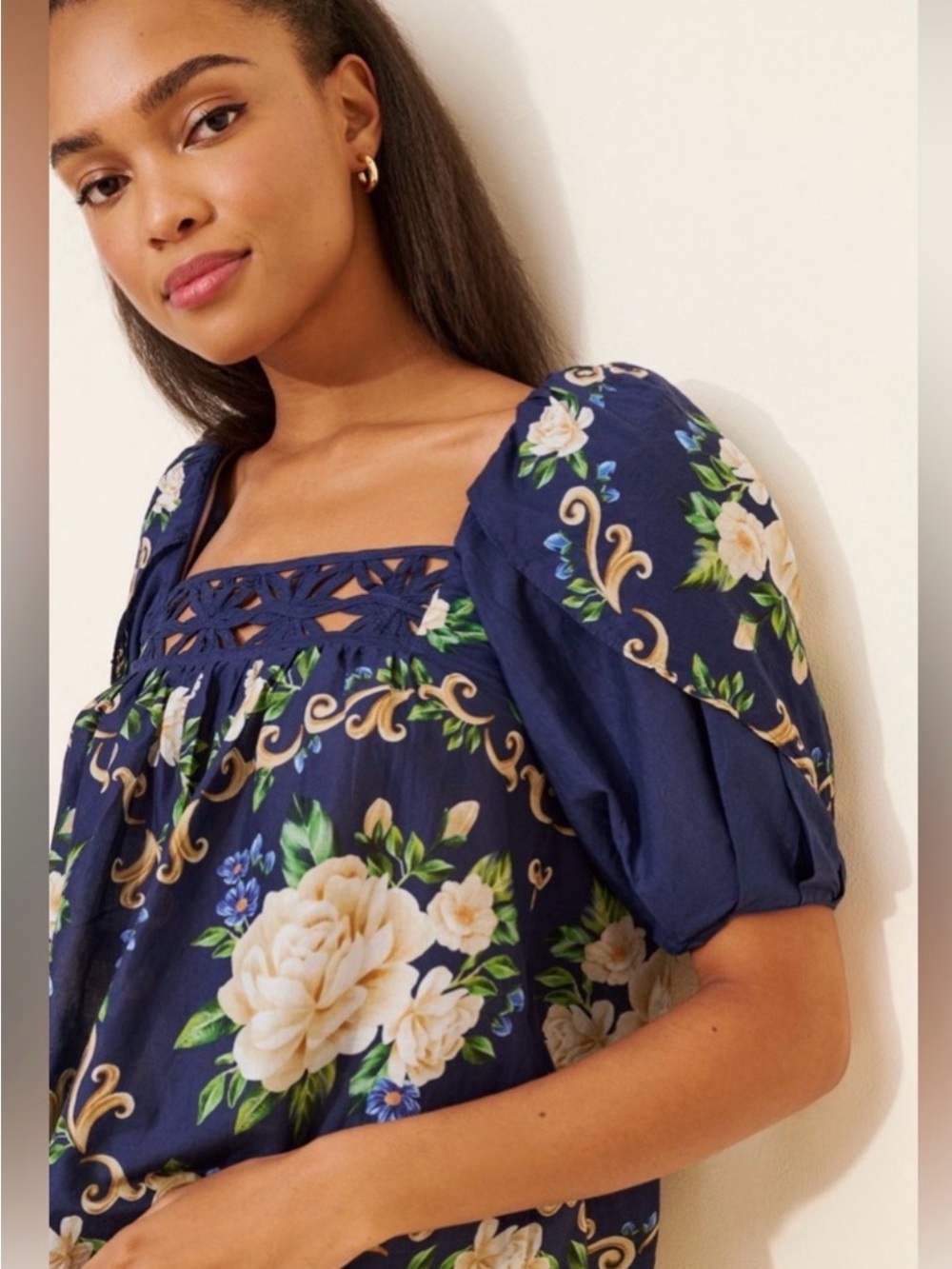 NWT Farm Rio Tapestry Yoke Navy Top, XL - Picture 2 of 6